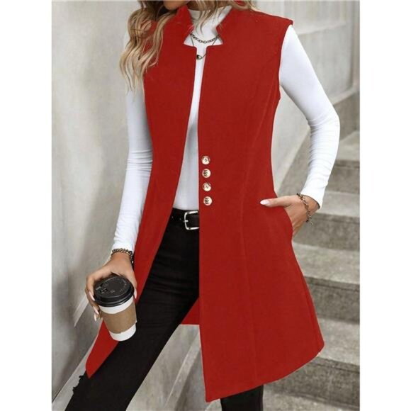 Button Up Sleeveless Longline Vest Coat - Picture 4 of 11